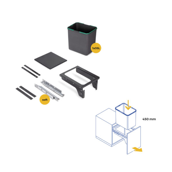 Emuca bac de tri sélectif pour fixation latérale sur meuble de cuisine Recycle 1x35litres, Acier, Plastique gris anthracite – Image 11