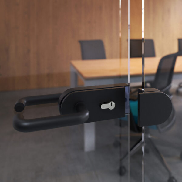 Emuca Kit de serrure et de gâche pour portes en verre doubles, loquet horizontal pour porte en verre 8-12mm, acier et aluminium, peint en noir – Image 3