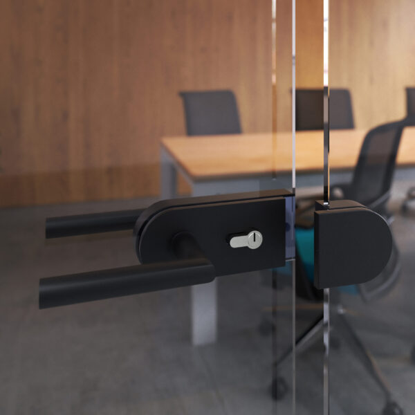 Emuca Kit de serrure et de gâche pour portes en verre doubles, loquet horizontal pour porte en verre 8-12mm, acier et aluminium, peint en noir – Image 4