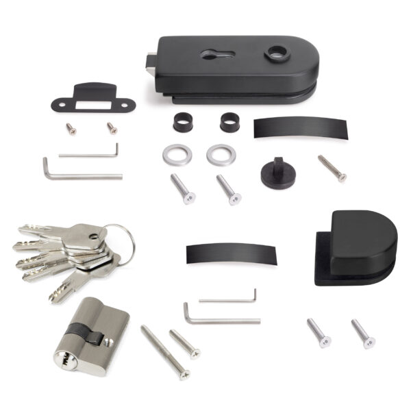 Emuca Kit de serrure et de gâche pour portes en verre doubles, loquet horizontal pour porte en verre 8-12mm, acier et aluminium, peint en noir