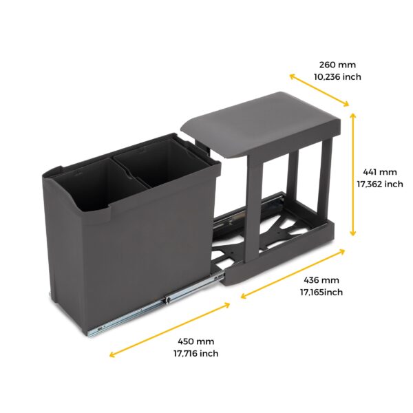 Emuca Poubelles de recyclage pour la cuisine, 2 x 14L, fixation inférieure et extraction automatique, Acier et Plastique, Gris antracite – Image 8