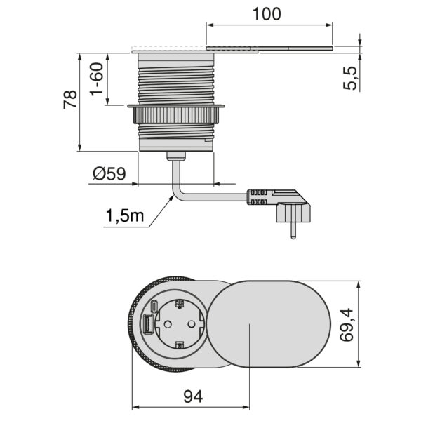 Emuca Multiconnecteur Vertikal Flat 60, diamètre 60mm, 1 x prise Schuko, 1 x USB Type A, 1 x USB Type C, Acier et Plastique, Acier inoxydable – Image 8