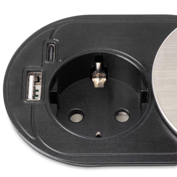 Emuca Multiconnecteur Vertikal Flat 60, diamètre 60mm, 1 x prise Schuko, 1 x USB Type A, 1 x USB Type C, Acier et Plastique, Acier inoxydable – Image 3