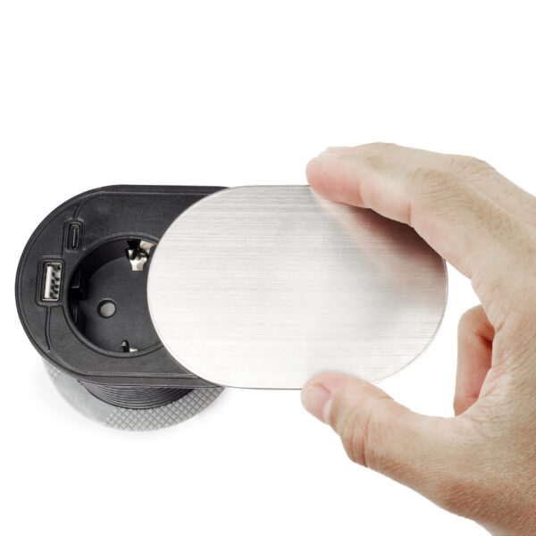 Emuca Multiconnecteur Vertikal Flat 60, diamètre 60mm, 1 x prise Schuko, 1 x USB Type A, 1 x USB Type C, Acier et Plastique, Acier inoxydable – Image 4