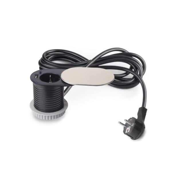 Emuca Multiconnecteur Vertikal Flat 60, diamètre 60mm, 1 x prise Schuko, 1 x USB Type A, 1 x USB Type C, Acier et Plastique, Acier inoxydable