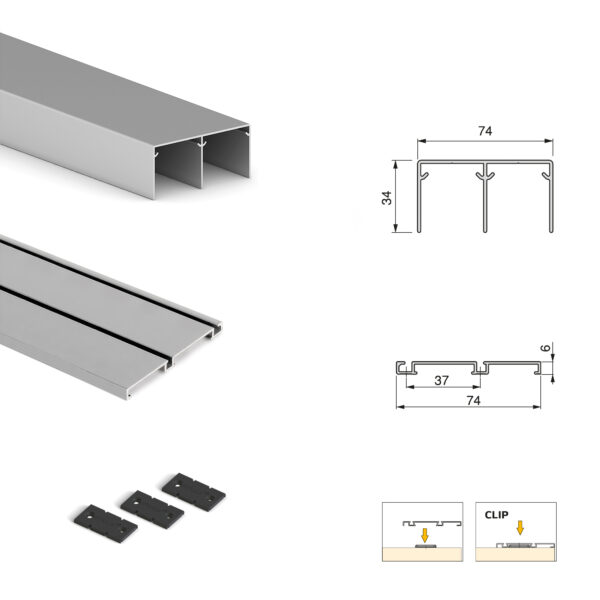 Emuca Kit de quincaillerie pour armoire à 2 portes coulissantes avec fermeture souple Placard 74, Modèle de poignée Sharp, épaisseur 16mm, panneaux non inclus, Anodisé mat – Image 5