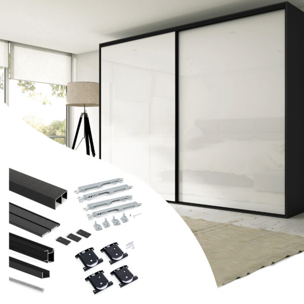 Emuca Kit de quincaillerie pour armoire à 2 portes coulissantes avec fermeture souple Placard 74, Modèle de poignée Sharp, épaisseur 19mm, panneaux non inclus, Peint en Noir