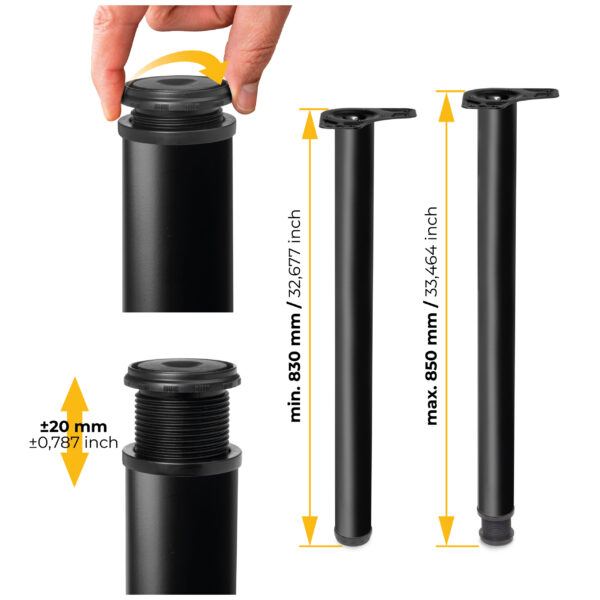 Emuca Lot de 4 pieds de table, diamètre 60mm, H 830mm, Acier, Peint en noir – Image 9