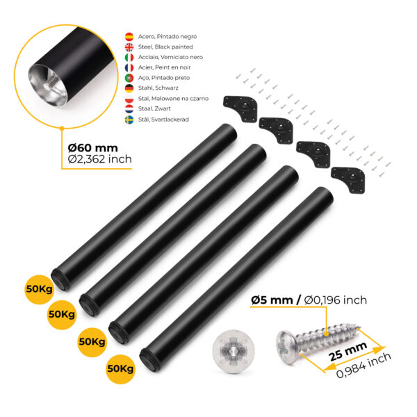 Emuca Lot de 4 pieds de table, diamètre 60mm, H 830mm, Acier, Peint en noir – Image 11