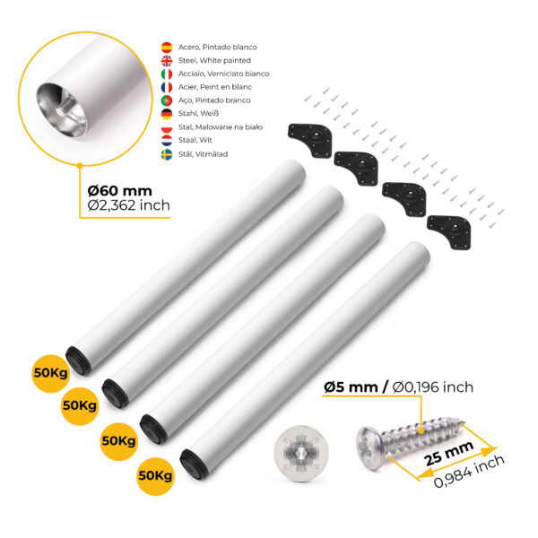 Emuca Lot de 4 pieds de table, diamètre 60mm, H 830mm, Acier, Peint en blanc – Image 10