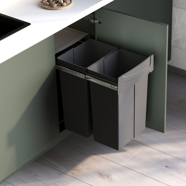 Emuca bac de tri sélectif a montage inférieur et extraction manuelle pour élément de cuisine Recycle, 2x25litres, Plastique gris antracite – Image 2