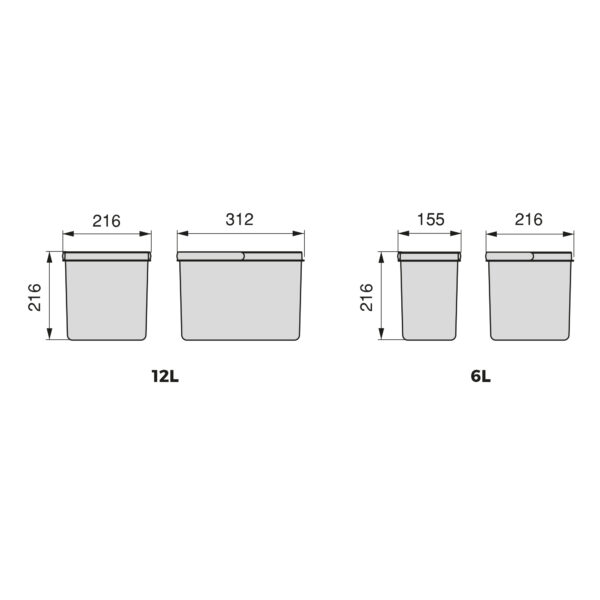 Poubelles pour tiroir de cuisine Recycle avec couvercle anti-odeurs, Hauteur 216mm, 2x12litres, 2x6litres, Plastique gris antracite – Image 8