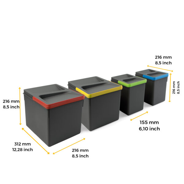 Poubelles pour tiroir de cuisine Recycle avec couvercle anti-odeurs, Hauteur 216mm, 2x12litres, 2x6litres, Plastique gris antracite – Image 9