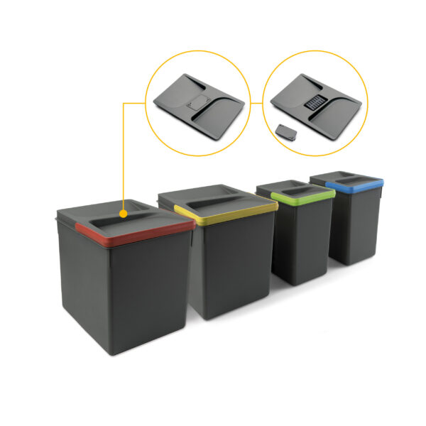 Poubelles pour tiroir de cuisine Recycle avec couvercle anti-odeurs, Hauteur 216mm, 2x12litres, 2x6litres, Plastique gris antracite