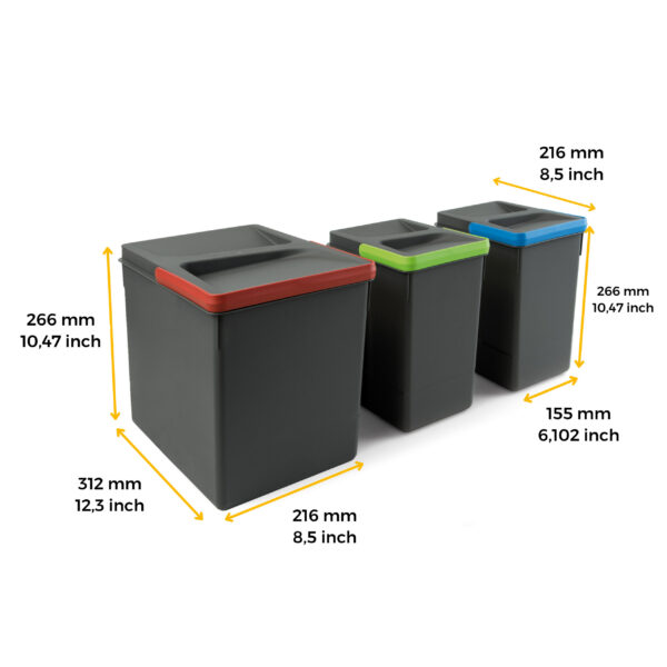 Poubelles pour tiroir de cuisine Recycle avec couvercle anti-odeurs, Hauteur 266, 1x15litres, 2x7litres, Plastique gris antracite – Image 9