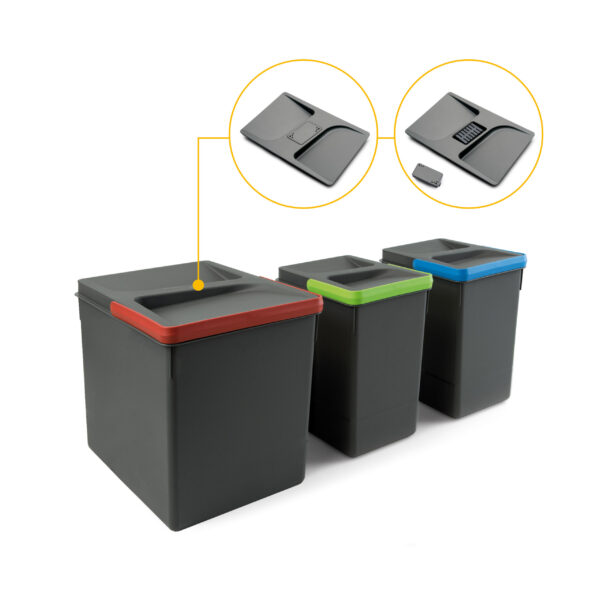 Poubelles pour tiroir de cuisine Recycle avec couvercle anti-odeurs, Hauteur 266, 1x15litres, 2x7litres, Plastique gris antracite