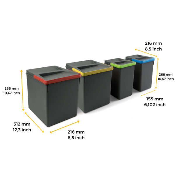 Poubelles pour tiroir de cuisine Recycle avec couvercle anti-odeurs, Hauteur 266, 2x15litres, 2x7litres, Plastique gris antracite – Image 9
