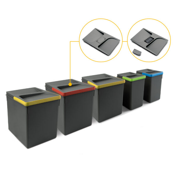 Poubelles pour tiroir de cuisine Recycle avec couvercle anti-odeurs, Hauteur 266, 3x15litres, 2x7litres, Plastique gris antracite