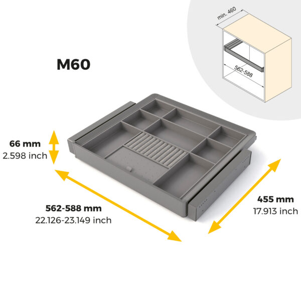 Emuca Kit tiroir organisateur et rack ajustable Quartz pour armoires, glissières extension totale et à fermeture douce, Module 60cm, Finition Titane – Image 11