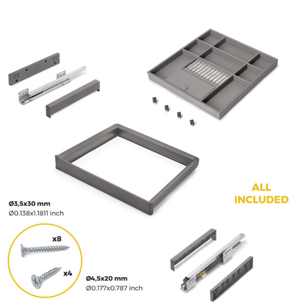 Emuca Kit tiroir organisateur et rack ajustable Quartz pour armoires, glissières extension totale et à fermeture douce, Module 60cm, Finition Titane – Image 6