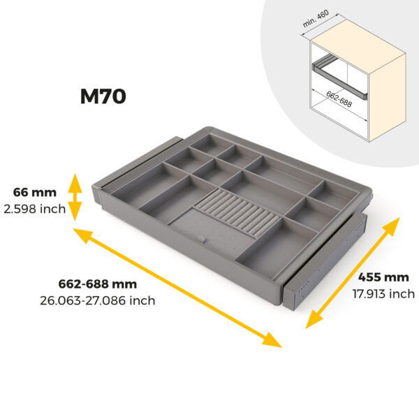 Emuca Kit tiroir organisateur et rack ajustable Quartz pour armoires, glissières extension totale et à fermeture douce, Module 70cm, Finition Titane – Image 11