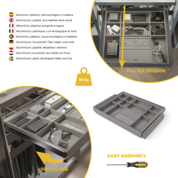 Emuca Kit tiroir organisateur et rack ajustable Quartz pour armoires, glissières extension totale et à fermeture douce, Module 70cm, Finition Titane – Image 7