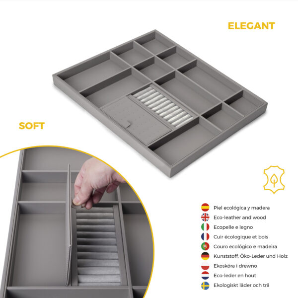 Emuca Kit tiroir organisateur et rack ajustable Quartz pour armoires, glissières extension totale et à fermeture douce, Module 70cm, Finition Titane – Image 8