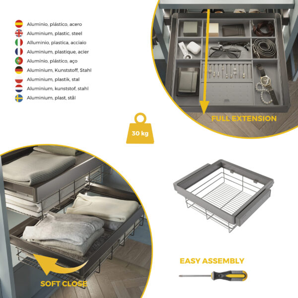 Emuca Kit tiroir en fil métallique et rack ajustable Quartz pour armoires, glissières extension totale et à fermeture douce, Module 60cm, Finition Titane – Image 7