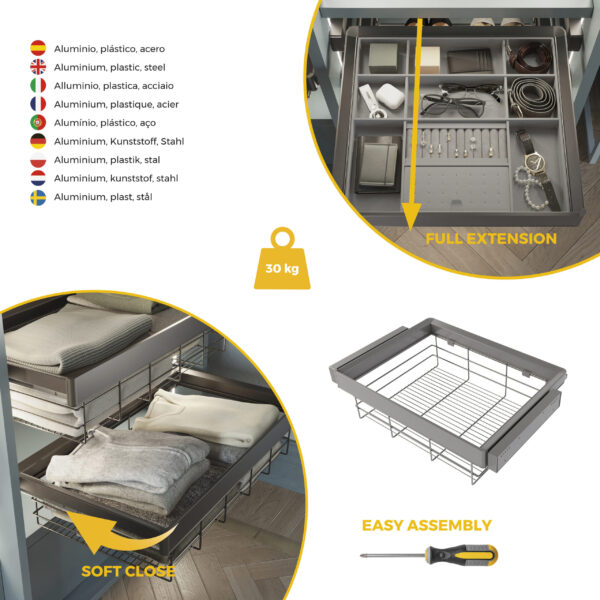 Emuca Kit tiroir en fil métallique et rack ajustable Quartz pour armoires, glissières extension totale et à fermeture douce, Module 70cm, Finition Titane – Image 7