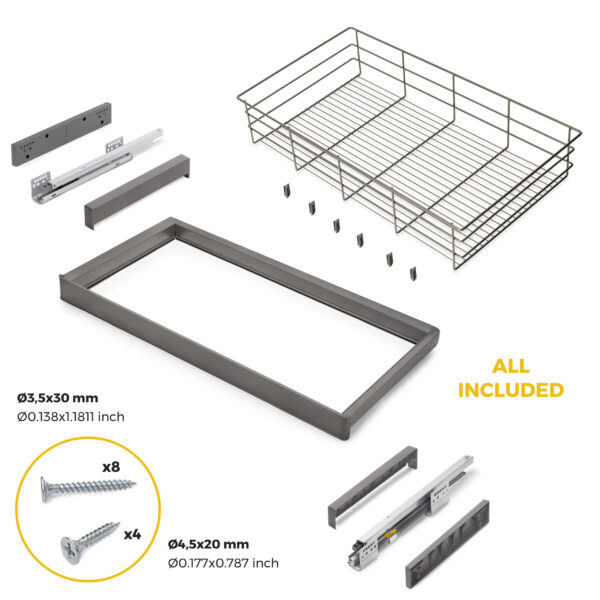 Emuca Kit tiroir en fil métallique et rack ajustable Quartz pour armoires, glissières extension totale et à fermeture douce, Module 90cm, Finition Titane – Image 6