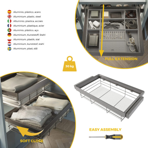 Emuca Kit tiroir en fil métallique et rack ajustable Quartz pour armoires, glissières extension totale et à fermeture douce, Module 90cm, Finition Titane – Image 7