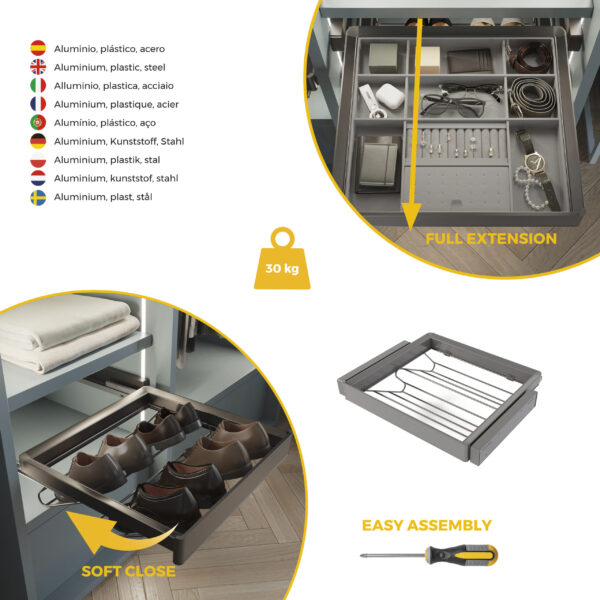 Emuca Kit tiroir à chaussures et rack ajustable Quartz pour armoires, glissières extension totale et à fermeture douce, Module 60cm, Finition Titane – Image 7