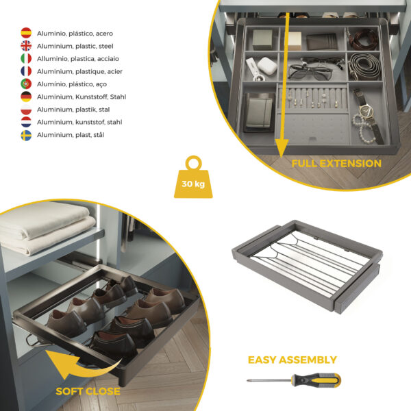 Emuca Kit tiroir à chaussures et rack ajustable Quartz pour armoires, glissières extension totale et à fermeture douce, Module 70cm, Finition Titane – Image 7