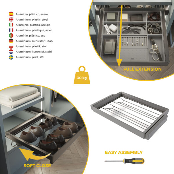 Emuca Kit tiroir à chaussures et rack ajustable Quartz pour armoires, glissières extension totale et à fermeture douce, Module 80cm, Finition Titane – Image 7