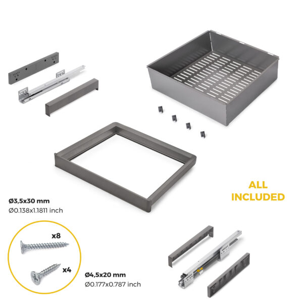 Emuca Kit panier métallique et rack ajustable Quartz pour armoires, glissières extension totale et à fermeture douce, Module 60cm, Finition Titane – Image 6