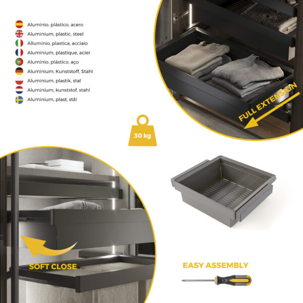 Emuca Kit panier métallique et rack ajustable Quartz pour armoires, glissières extension totale et à fermeture douce, Module 60cm, Finition Titane – Image 7