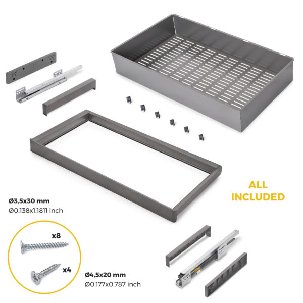 Emuca Kit panier métallique et rack ajustable Quartz pour armoires, glissières extension totale et à fermeture douce, Module 90cm, Finition Titane – Image 6