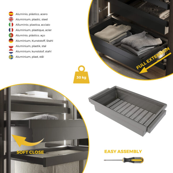 Emuca Kit panier métallique et rack ajustable Quartz pour armoires, glissières extension totale et à fermeture douce, Module 90cm, Finition Titane – Image 7