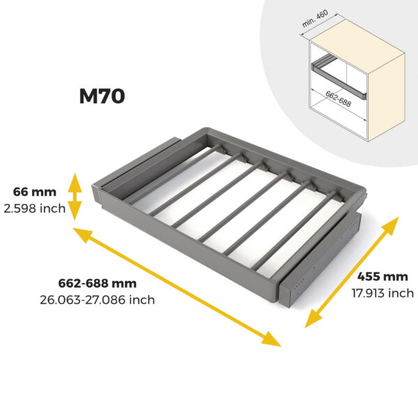 Emuca Kit de porte-pantalon à 7tringles et rack ajustable Quartz pour armoires, glissières extension totale et à fermeture douce, Module 70cm, Finition Titane – Image 11