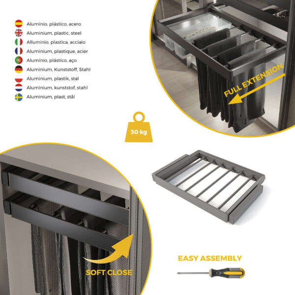 Emuca Kit de porte-pantalon à 7tringles et rack ajustable Quartz pour armoires, glissières extension totale et à fermeture douce, Module 70cm, Finition Titane – Image 7
