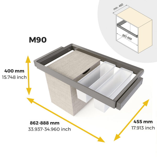 Emuca Kit 2 plateaus auxiliaires, 1 panier et rack ajustable Quartz pour armoires, glissières extension totale et à fermeture douce, Module 90cm, Finition Titane – Image 11