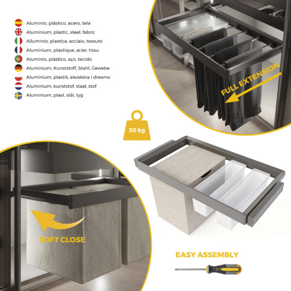 Emuca Kit 2 plateaus auxiliaires, 1 panier et rack ajustable Quartz pour armoires, glissières extension totale et à fermeture douce, Module 90cm, Finition Titane – Image 7