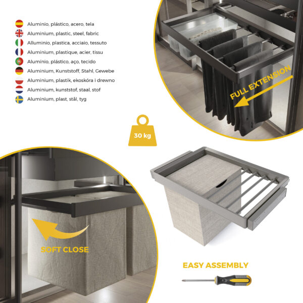 Emuca Kit de porte-pantalon à 7tringles, panier et rack ajustable Quartz pour armoires, glissières extension totale et à fermeture douce, Module 80cm, Finition Titane – Image 7