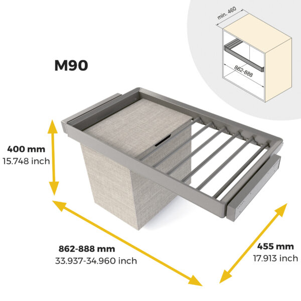 Emuca Kit de porte-pantalon à 7tringles, panier et rack ajustable Quartz pour armoires, glissières extension totale et à fermeture douce, Module 90cm, Finition Titane – Image 11