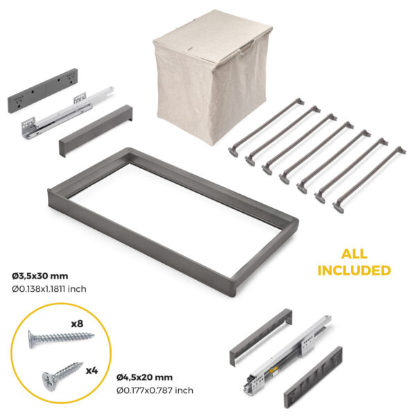 Emuca Kit de porte-pantalon à 7tringles, panier et rack ajustable Quartz pour armoires, glissières extension totale et à fermeture douce, Module 90cm, Finition Titane – Image 6