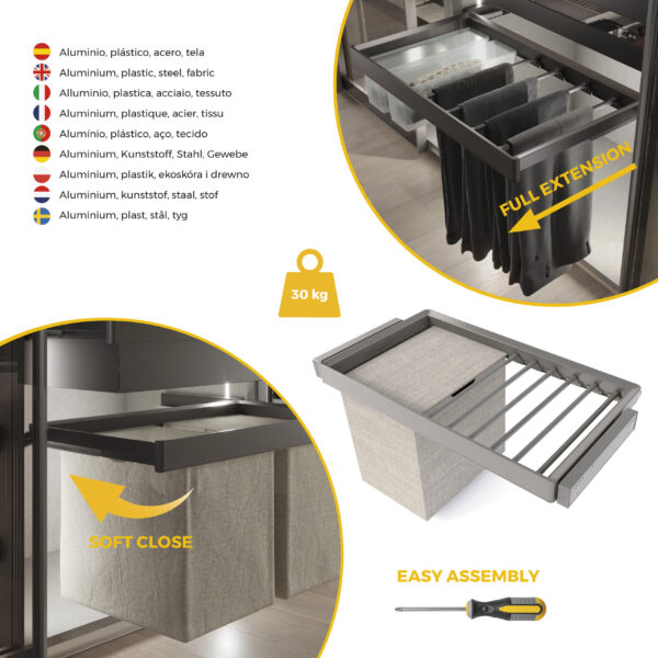 Emuca Kit de porte-pantalon à 7tringles, panier et rack ajustable Quartz pour armoires, glissières extension totale et à fermeture douce, Module 90cm, Finition Titane – Image 7