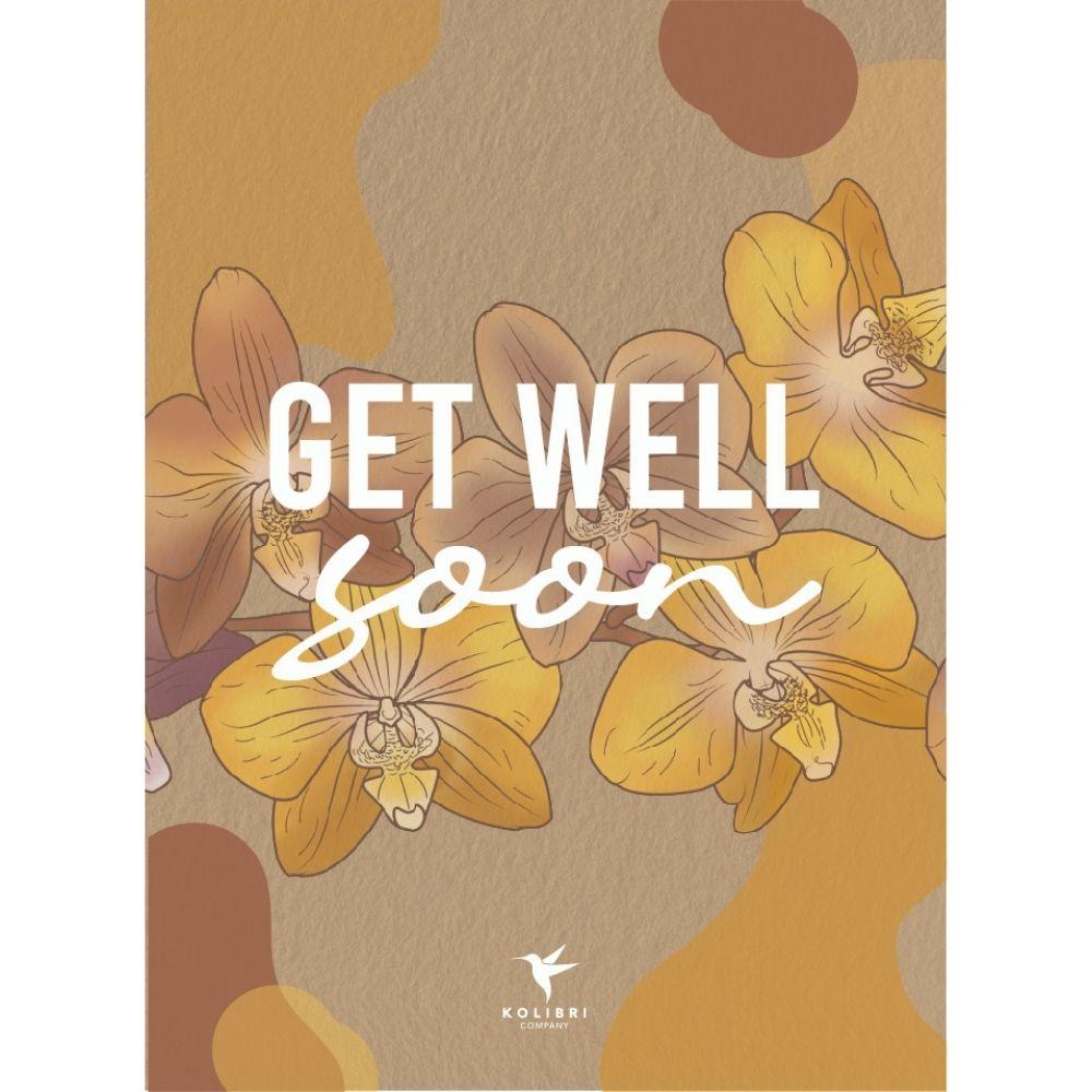 Ansichtkaart: Get well soon en pot. Plante verte type Ansichtkaart: Get well soon, livrée en pot, idéale pour intérieur lumineux.