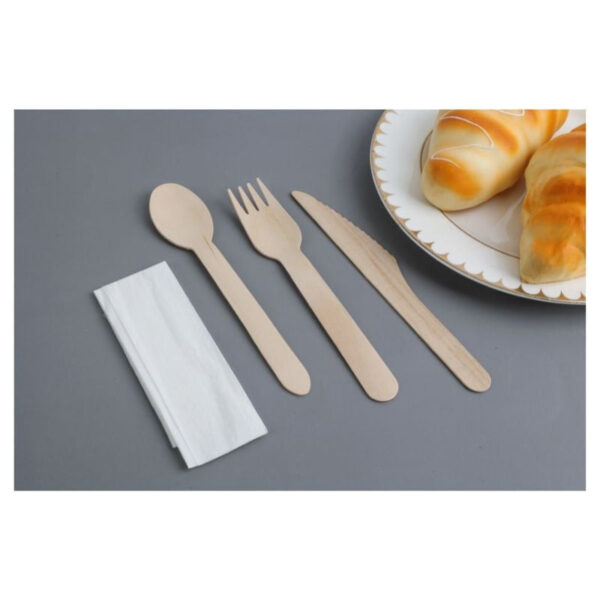 Kit de 4 Pièces - Couverts en Bois : Couteau, Fourchette, Grande Cuillère, Serviette - Lot de 500 – Image 2