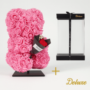 Bière DELUXE sur pied 25cm - mousse rose avec bouquet - dans un emballage cadeau de luxe 25 cm