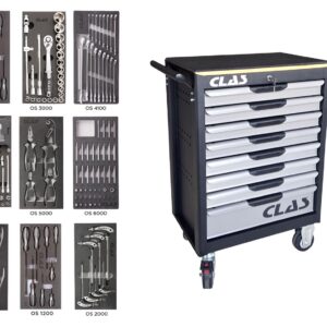 Servante 8 tiroirs + 172 outilsServante d'atelier 9 tiroirs 400Kg L.688 x l.459 x H.1035mm avec 205 outils - EG 9205 - CLAS Equipements